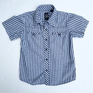 Micros Boys Short Sleeve Button Down Collared Shirt Plaid Stripes Blue Tan Sz 6